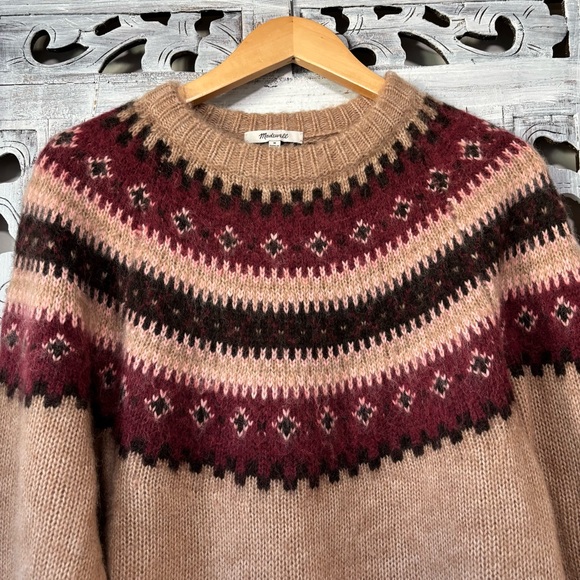NEW Madewell Fair Isle Alpaca-Blend Sweater Camel Burgundy Size M - Picture 8 of 12